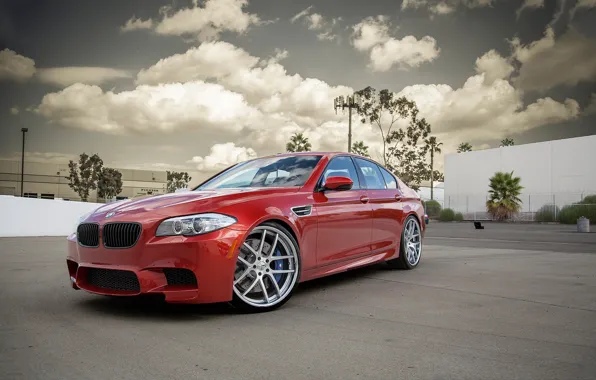 The sky, clouds, trees, red, the building, bmw, BMW, red