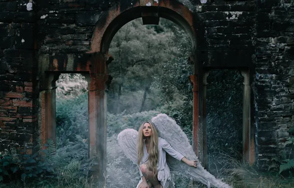 Girl, castle, angel, ruins