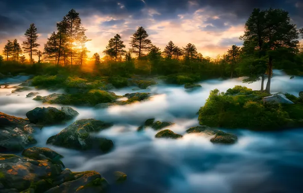 Picture Germany, sunsets, Morning, Fog, Stones, Sunrises
