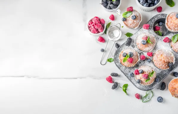 Berries, raspberry, blueberries, cakes, cupcakes, powdered sugar, Bondarenko Rimma