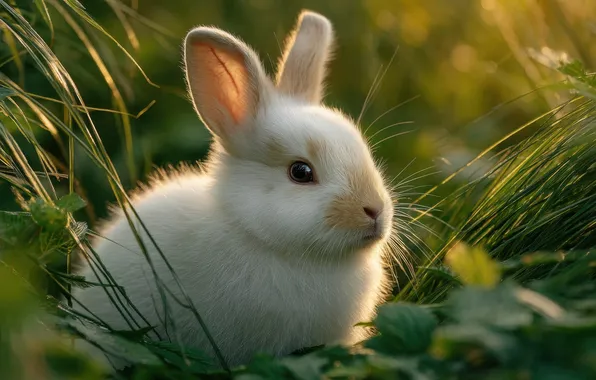 Greens, white, grass, look, leaves, light, rabbit, face