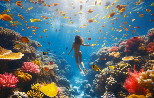 Sea, summer, water, girl, light, fish, fish, nature