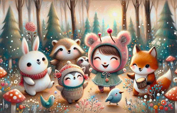 Forest, joy, birds, glade, animals, Fox, girl, raccoon