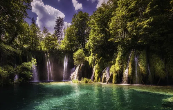 The sky, light, trees, nature, lake, waterfall, Croatia