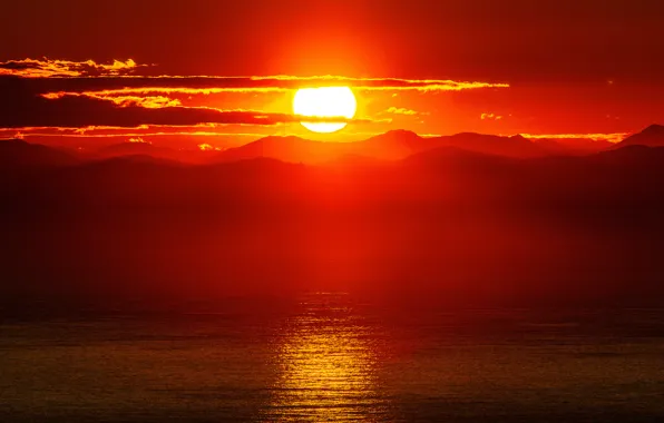 Sea, the sky, the sun, clouds, sunset, mountains, glow