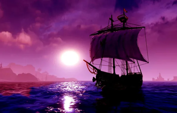 Sea, the way, the wind, sailboat, sea, art, moonlight, ship
