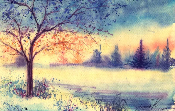 Winter, grass, tree, morning, watercolor, tree, painted landscape