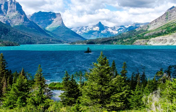 Picture forest, the sky, clouds, mountains, nature, Bay