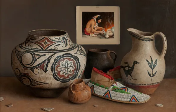 Patterns, picture, vase, pitcher, slipper, Indian, Still life, William Acheff