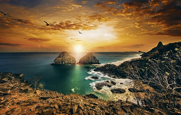 Sunset, the ocean, rocks, coast, Brazil, Brazil, The Atlantic ocean, Atlantic Ocean