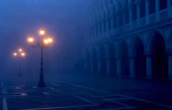 Light, the city, fog, the evening, lighting, lights, Italy, Venice