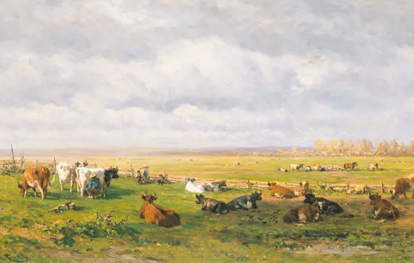Animals, tree, oil, picture, Willem Roelofs, Pasture with Cattle