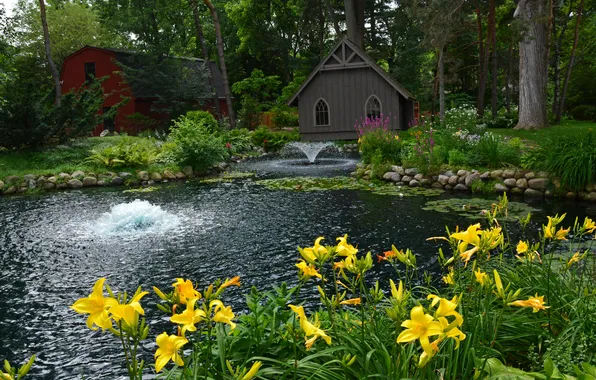 Trees, flowers, pond, Park, stones, Lily, yellow, fountain