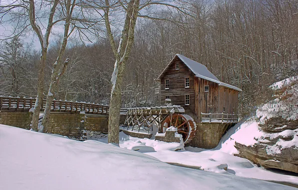 Winter, snow, trees, bridge, house, river, wheel, mill