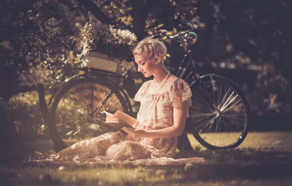 Picture grass, leaves, girl, flowers, nature, bike, style, retro, tree, basket, dress, blonde, beads, book, reads