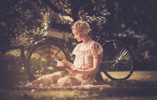 Picture grass, leaves, girl, flowers, nature, bike, style, retro
