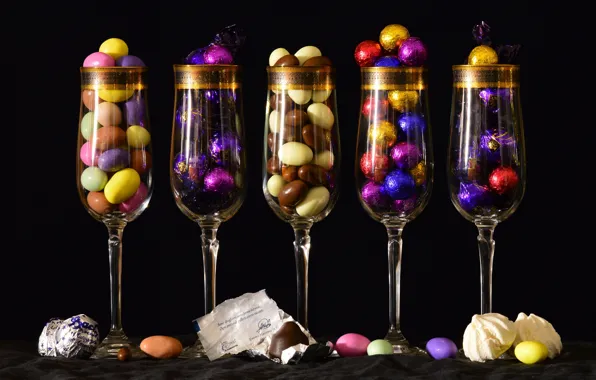 Bright, food, glasses, candy, black background, still life, pastry, a lot