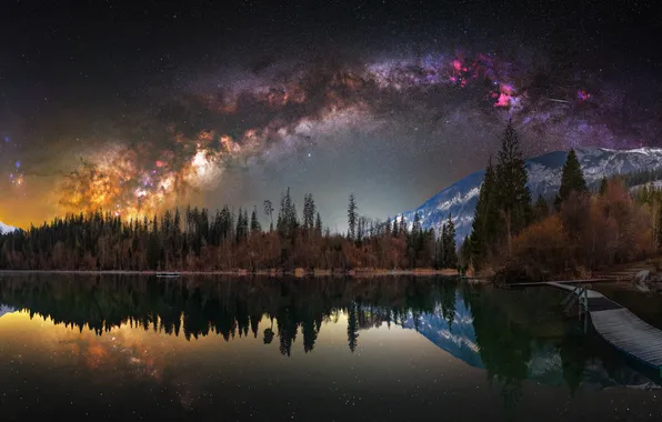 Autumn, forest, the sky, space, stars, mountains, night, lake