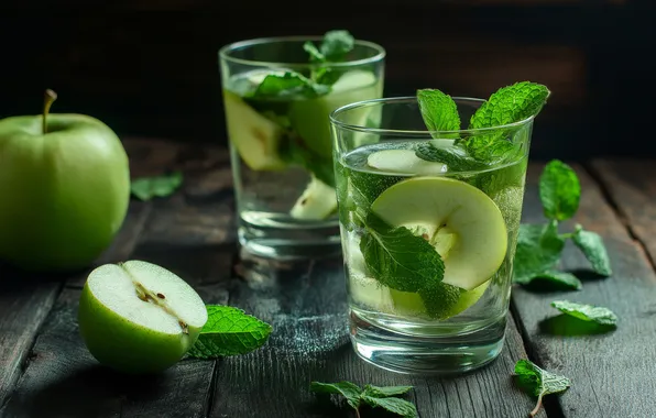 Leaves, table, apples, Board, glasses, green, cocktail, glasses