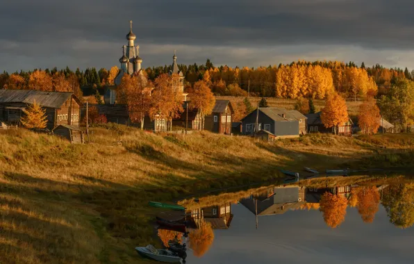 Autumn, landscape, nature, lake, reflection, home, boats, village