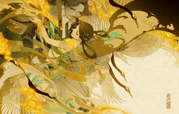 Romance, wings, dance, Diadema, yellow flowers, cranes, the guy with the girl