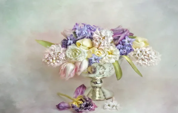 Picture leaves, flowers, yellow, bouquet, petals, art, tulips, vase