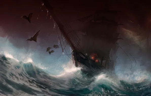 Picture dark, fantasy, storm, rain, sea, art, painting, ship
