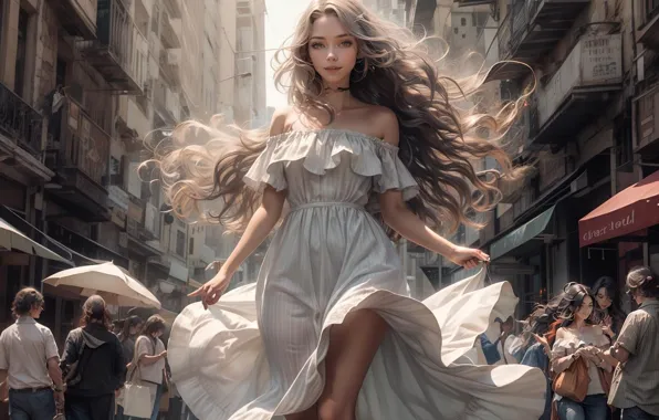Smile, people, the crowd, positive, white dress, long hair, beautiful girl, vanity