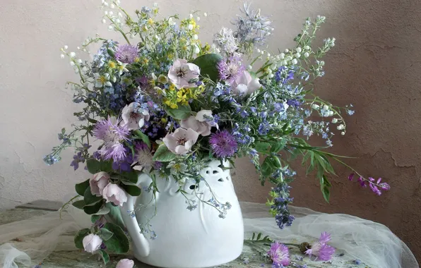 Leaves, flowers, table, wall, bouquet, yellow, fabric, vase