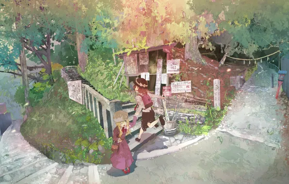 Forest, girl, trees, nature, hat, art, ladder, bow