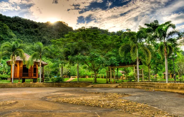 Tropics, palm trees, Malaysia, gazebos, Gunung Lang