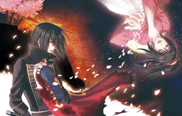 Picture girl, sword, petals, tears, male, Hakuouki, Yukimura Chizuru, Pilgrimage Chop Toshizou