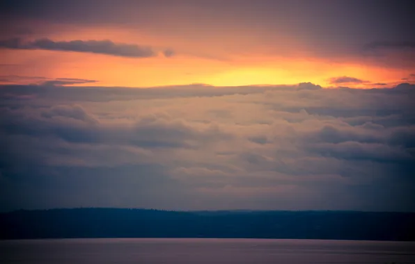 The sky, clouds, sunset, clouds, lake, shore