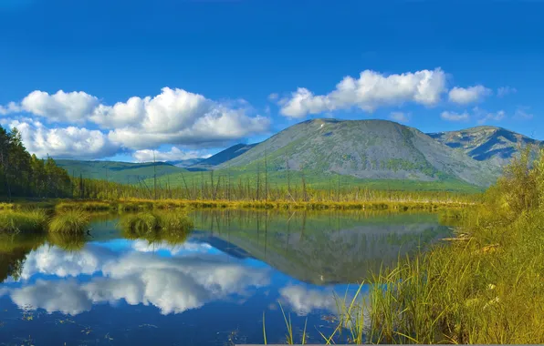 The sky, water, clouds, mountains, lake, reflection, the reeds, Russia