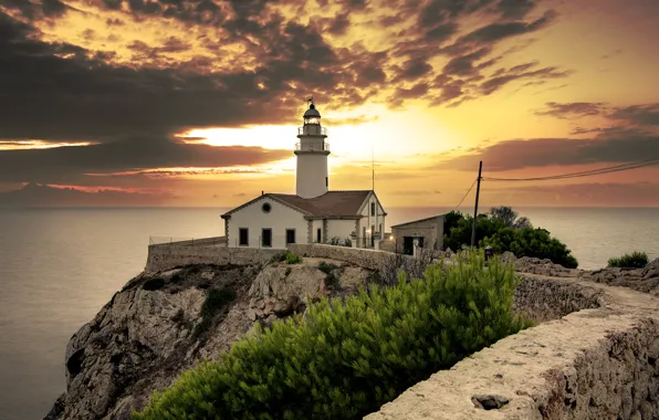 Picture sea, the sky, clouds, sunset, rocks, coast, lighthouse, dal