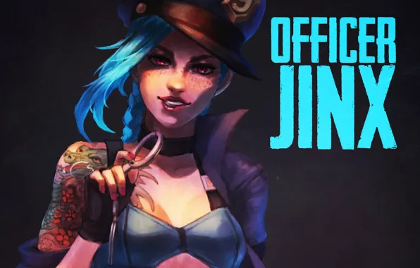 Girl, art, lol, league of legends, jinx, Officer, the loose cannon