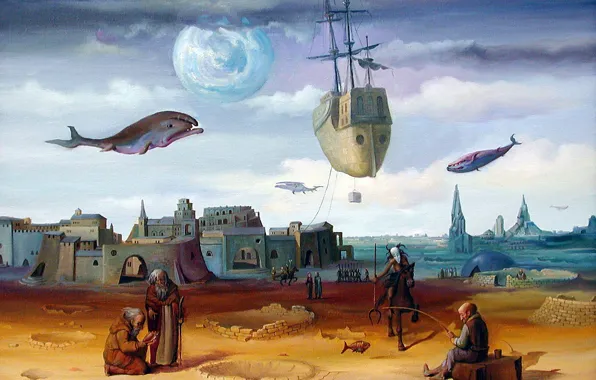Town, fishermen, whales, Surrealism, flying ship, Dreams about fishing, Lazarev I. A