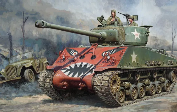 Picture art, Medium tank, Sherman, The Korean war, M4A3E8, The GAZ-67