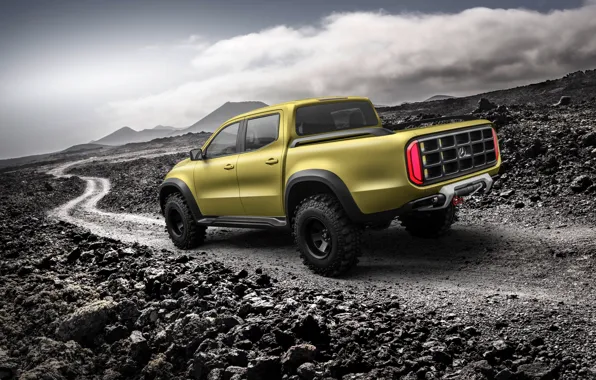 Road, the sky, mountains, stones, yellow, Mercedes-Benz, pickup, X-Class Concept