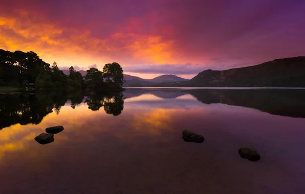 Sunset, mountains, lake, reflection, stones, pine