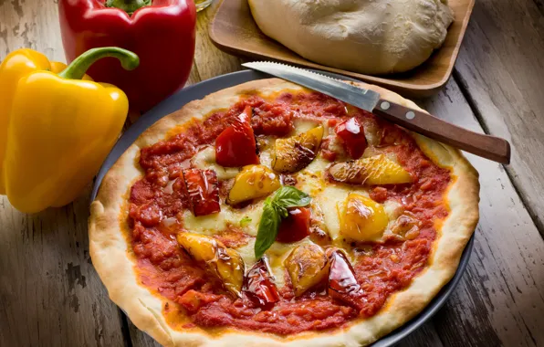 Table, plate, knife, pepper, pizza, fast food, the dough