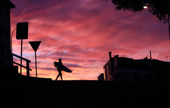 Sunset, building, male, Australia, surfboard
