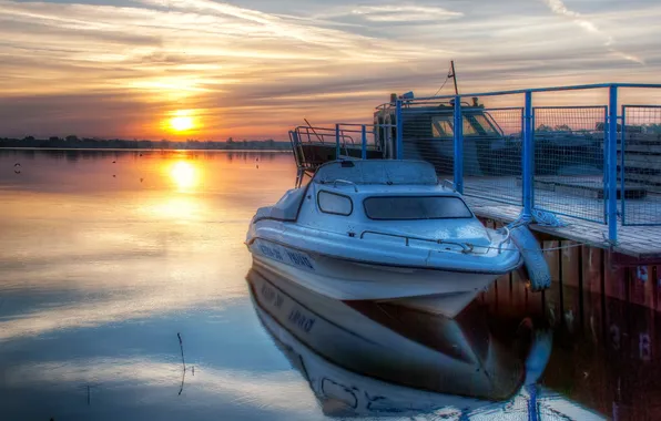 Picture landscape, sunset, lake, boat