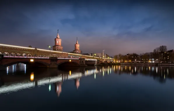 Picture night, bridge, the city, lights, river, Germany, tower, Berlin
