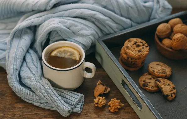 Lemon, tea, cookies, Cup, fabric, nuts, nuts, knitted thing