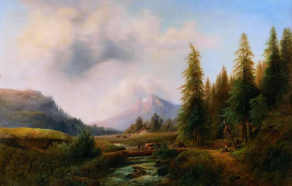 Mountains, Trees, River, House, People, Picture, Animals, Austrian landscape painter