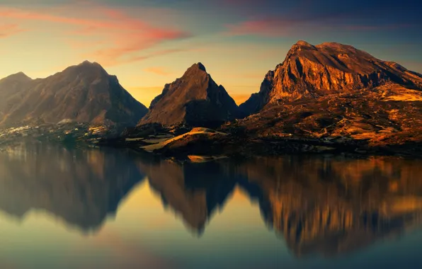The sky, water, clouds, light, sunset, mountains, reflection, rocks