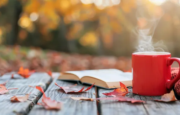 Autumn, foliage, Board, coffee, mug, book, drink, AI art