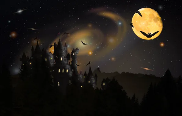 Night, The moon, Castle, Halloween, Halloween, The full moon, Bats
