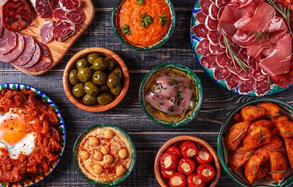 Picture fish, meat, olives, sausage, bacon